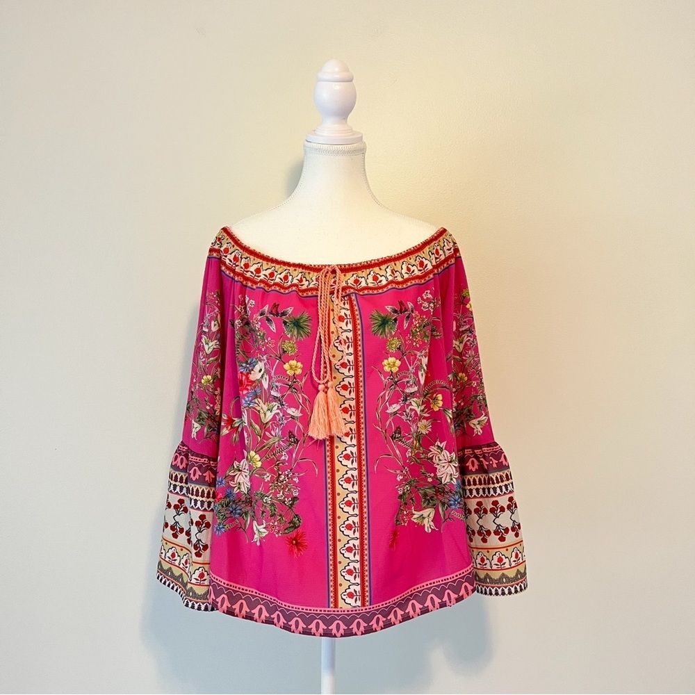 Umgee Boho Off Shoulder Paisley Floral Blouse Long Bell Sleeves