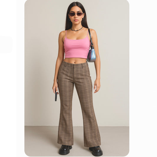 Express Editor Flare Leg Trouser Low Rise Sexy Waist Plaid NEW Size 4 Tan Brown