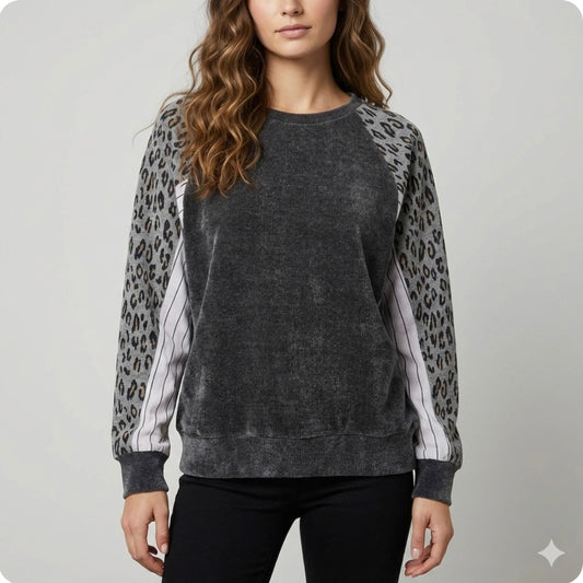 THML Sweater Womens Small Gray Black Raglan Leopard Sleeve Pullover Mixed Media