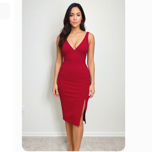 Lulus Iconic Moment Red Bodycon Midi Dress V Neck Side Slit, Size Large
