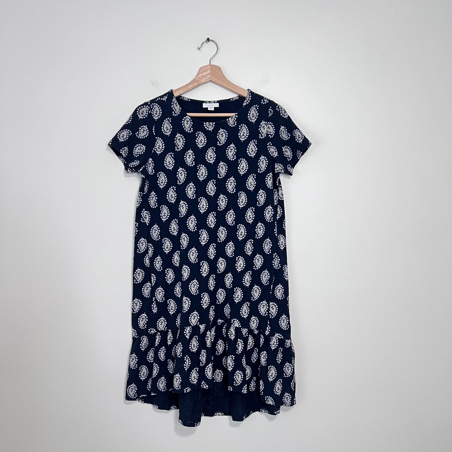 J Jill Paisley Dress Ruffle Hem Navy Blue Size XSP High Low Pockets Classic