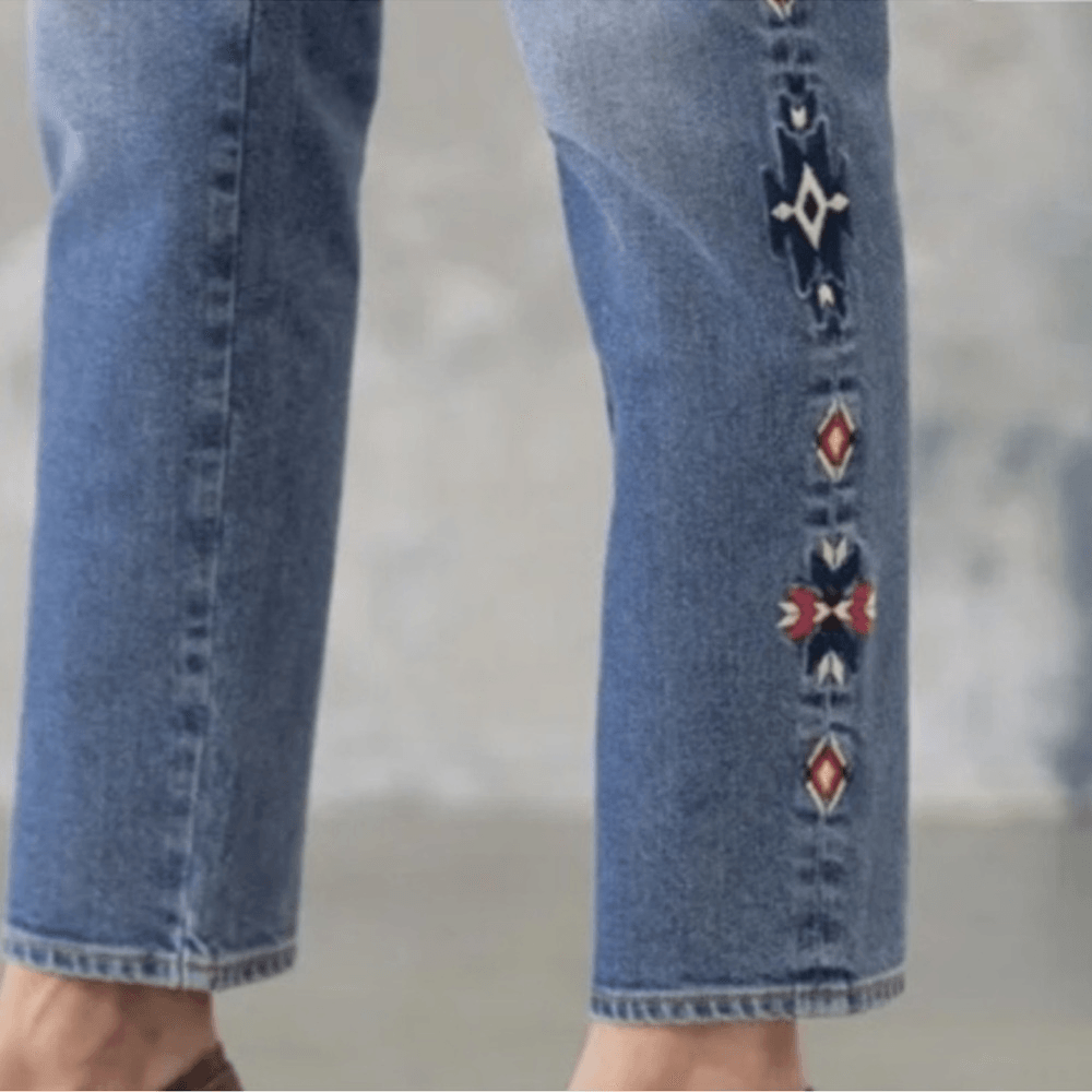 Driftwood Gizelle Aztec Embroidered Girlfriend Slim Jeans Size 28 Medium Wash