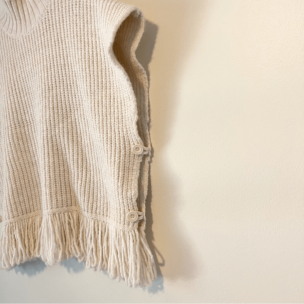 Anthropologie Fringed Mock Neck Ivory Sleeveless Sweater Vest Size Large