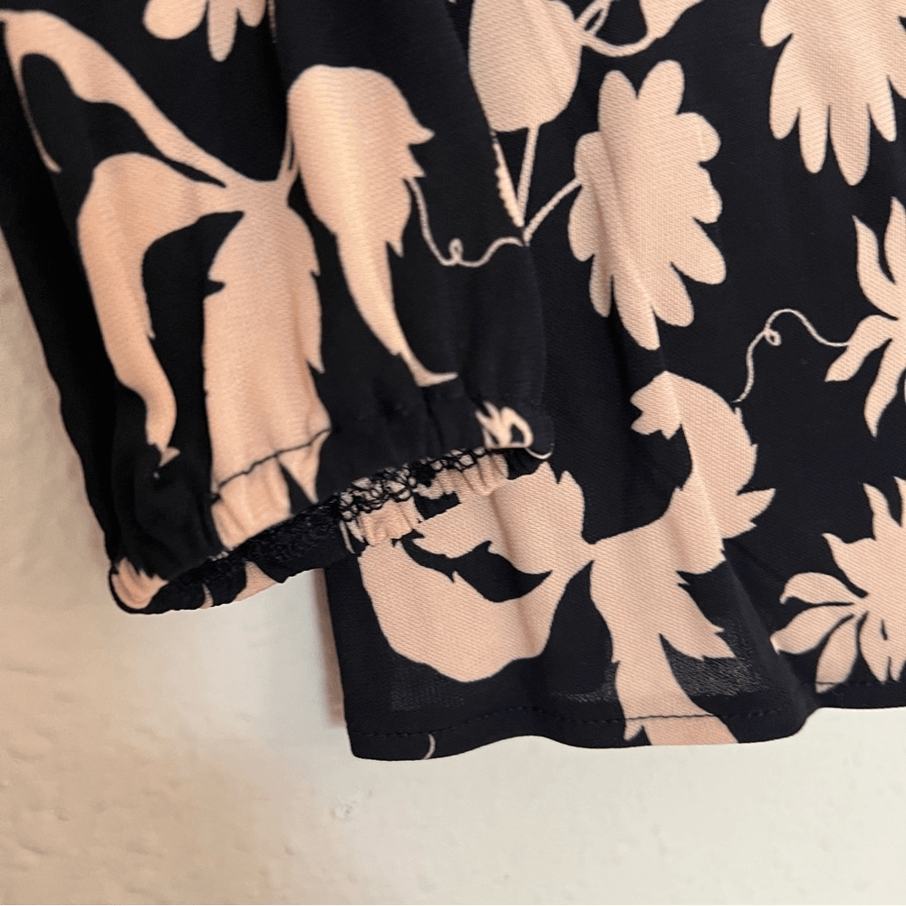 Ann Taylor Black Tan Floral Print Stretchy  Long Sleeve Blouse Top Size SP