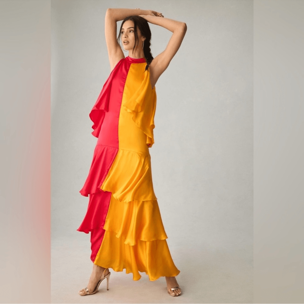 Anthropologie Pinnacle by Shruti Sancheti Mock-Neck Colorblock Ruffle Dress NEW