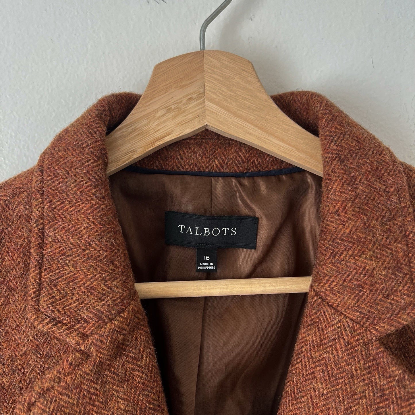 Talbots Shetland Herringbone Wool Blend Blazer Rust Brown Size 16 Classic Career