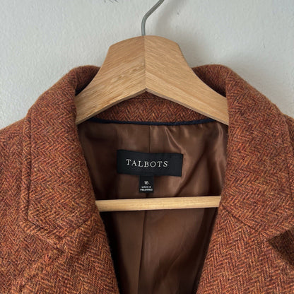 Talbots Shetland Herringbone Wool Blend Blazer Rust Brown Size 16 Classic Career