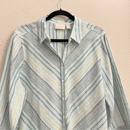 Chicos No Iron Striped 100% Linen Button Front Top Shirt Teal Blue White Size XL