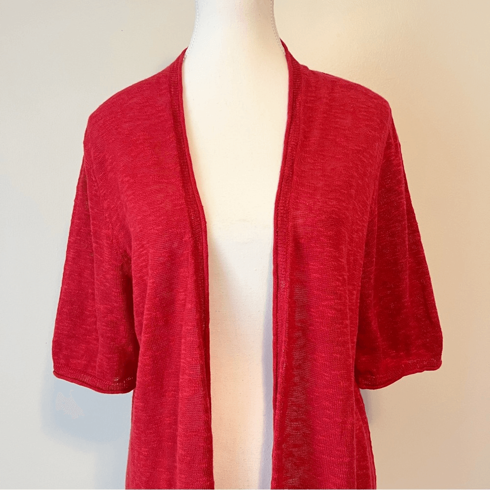 J. Jill Red Linen Blend Short Sleeve Lightweight Open Front Knit Cardigan Medium