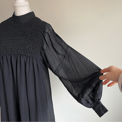 GANNI Smocked Bib Long Sleeve Chiffon Mini Dress NEW EU 42 (US 10/12)