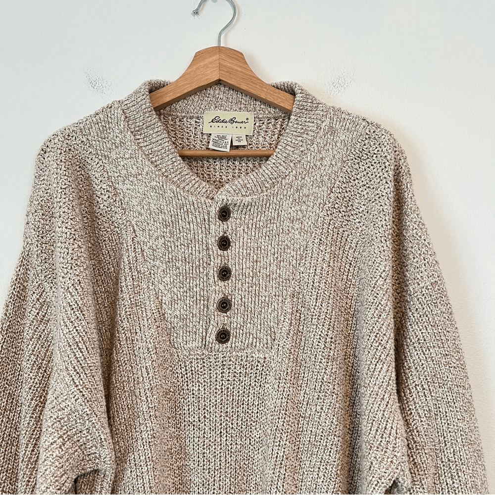 Vintage Eddie Bauer Men’s Chunky Knit 100% Cotton Sweater in Cream XL Fisherman