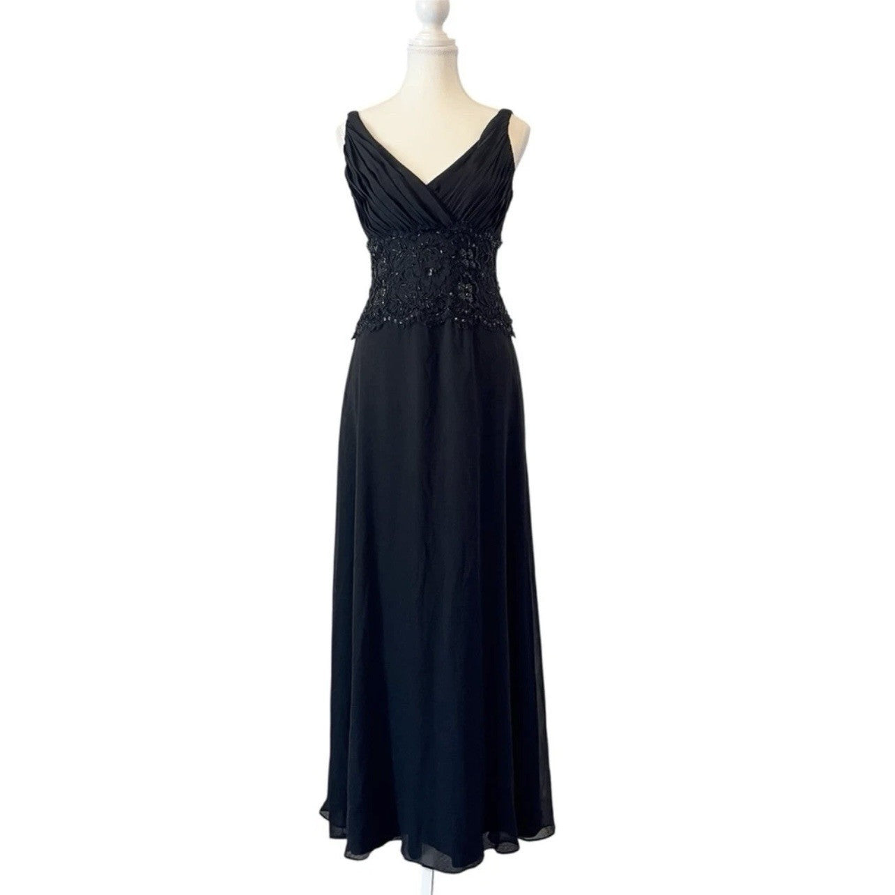 Tadashi Shoji Sequin 100% Silk Chiffon Gown Maxi Dress in Black Size 4