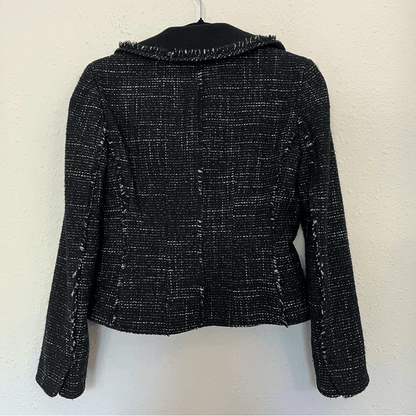 Ann Taylor Wool Blend Tweed Black Fringed Blazer Jacket Size 2 Petites
