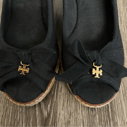 Tory Burch Jackie Peep-Toe Espadrille Wedge Shoes in Black Size 6,5