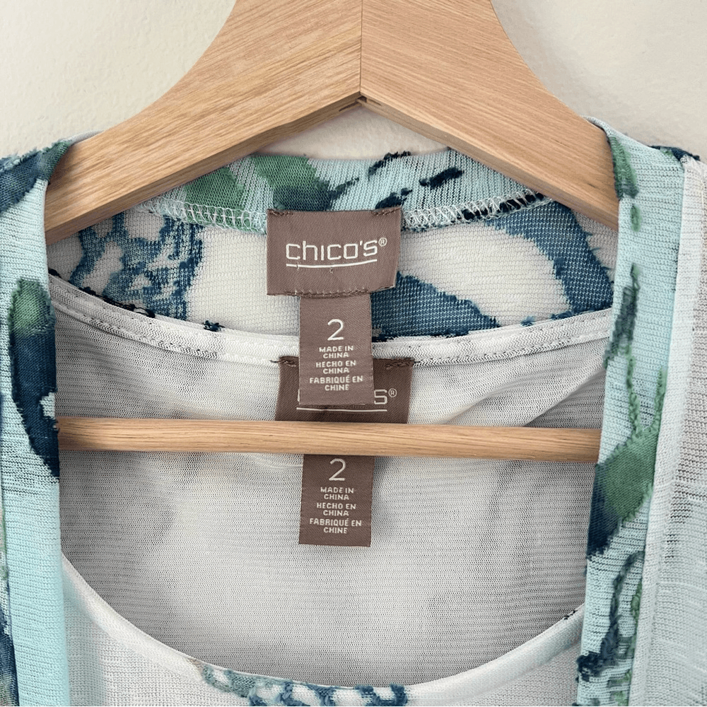 Chico's Blue and Green Patterned Mini Tunic Dress with Jacket Size 2 / L