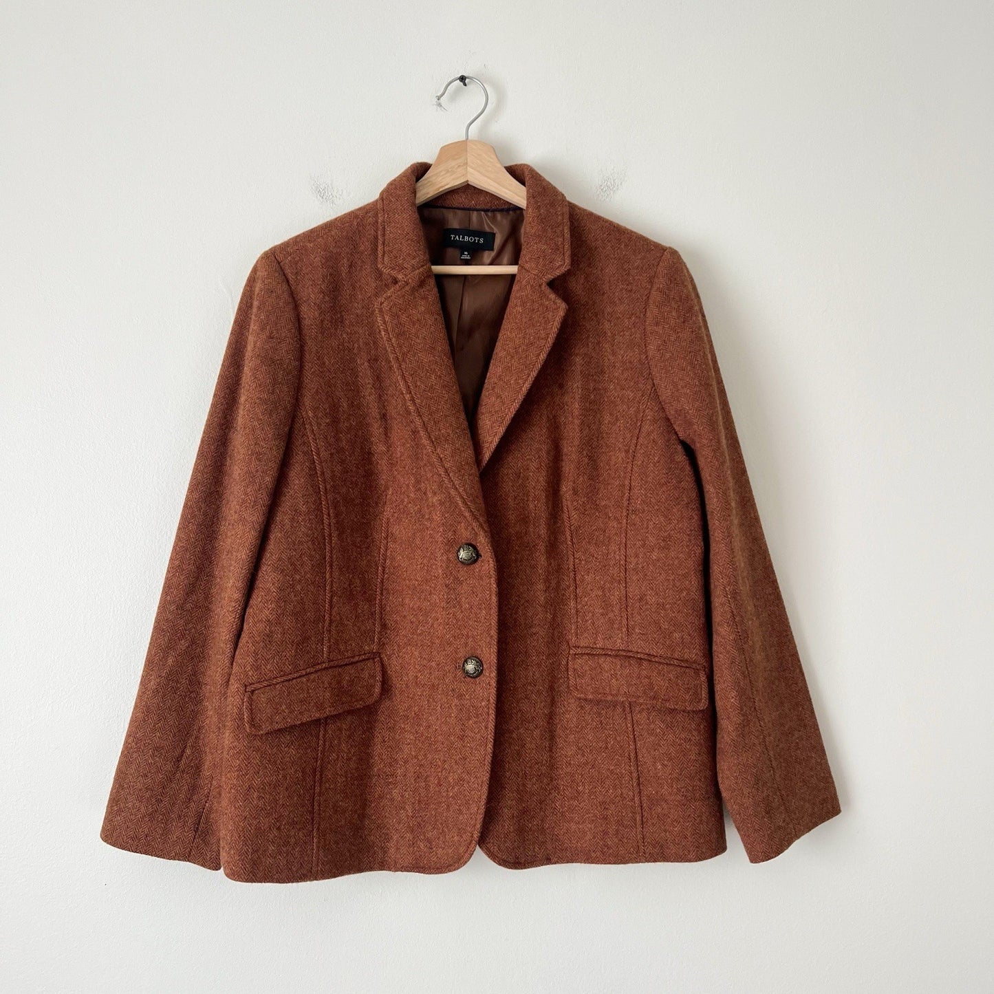 Talbots Shetland Herringbone Wool Blend Blazer Rust Brown Size 16 Classic Career