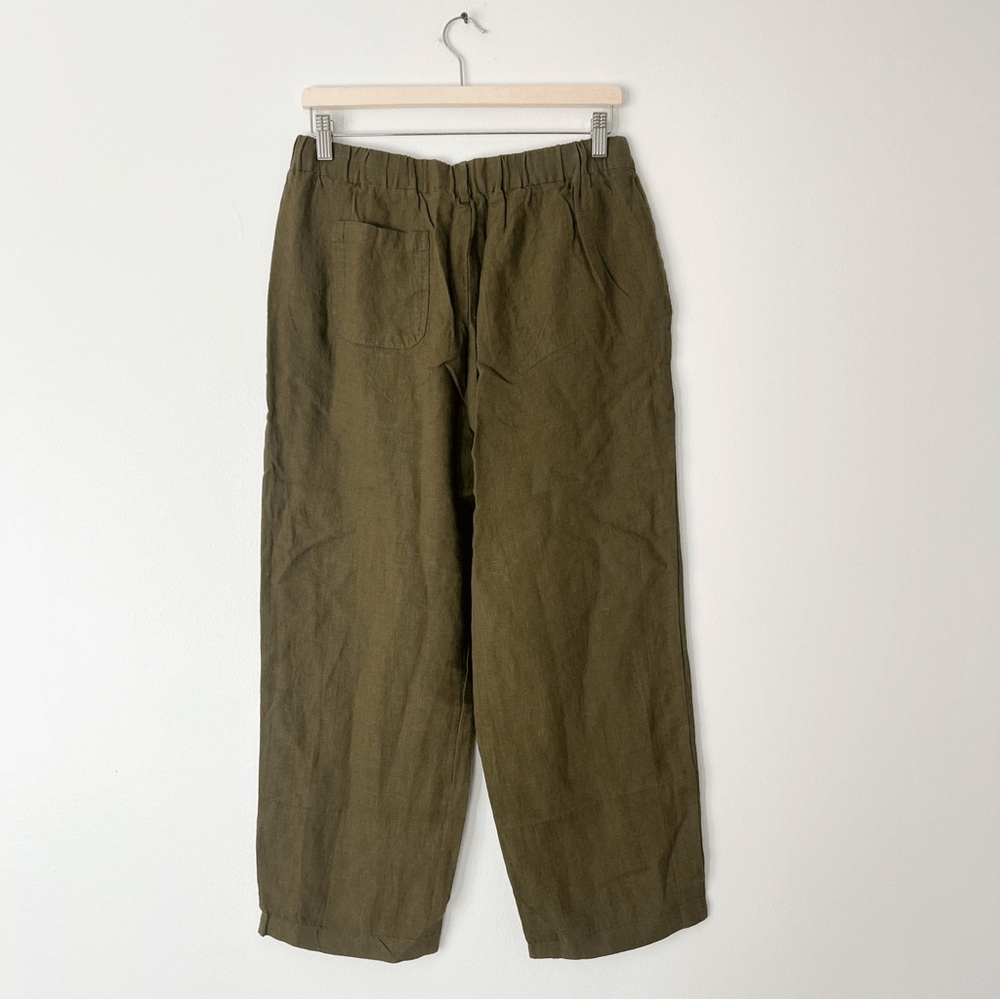 Quince 100% European Linen Cropped Pants NEW Size Medium Olive Green Pull on