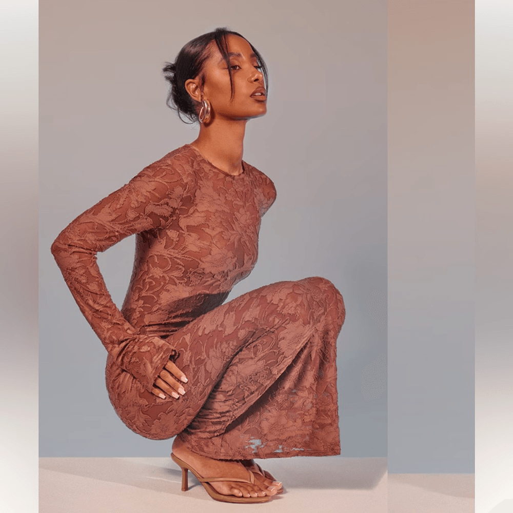 Pretty Little Thing Mocha Floral Sheer Burnout Maxi Dress Long Sleeve NEW Sz 12