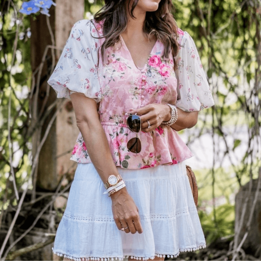 Hemant & Nandita Rose Garden Floral Boho Blouse Size Medium Peasant