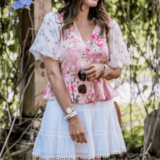 Hemant & Nandita Rose Garden Floral Boho Blouse Size Medium Peasant