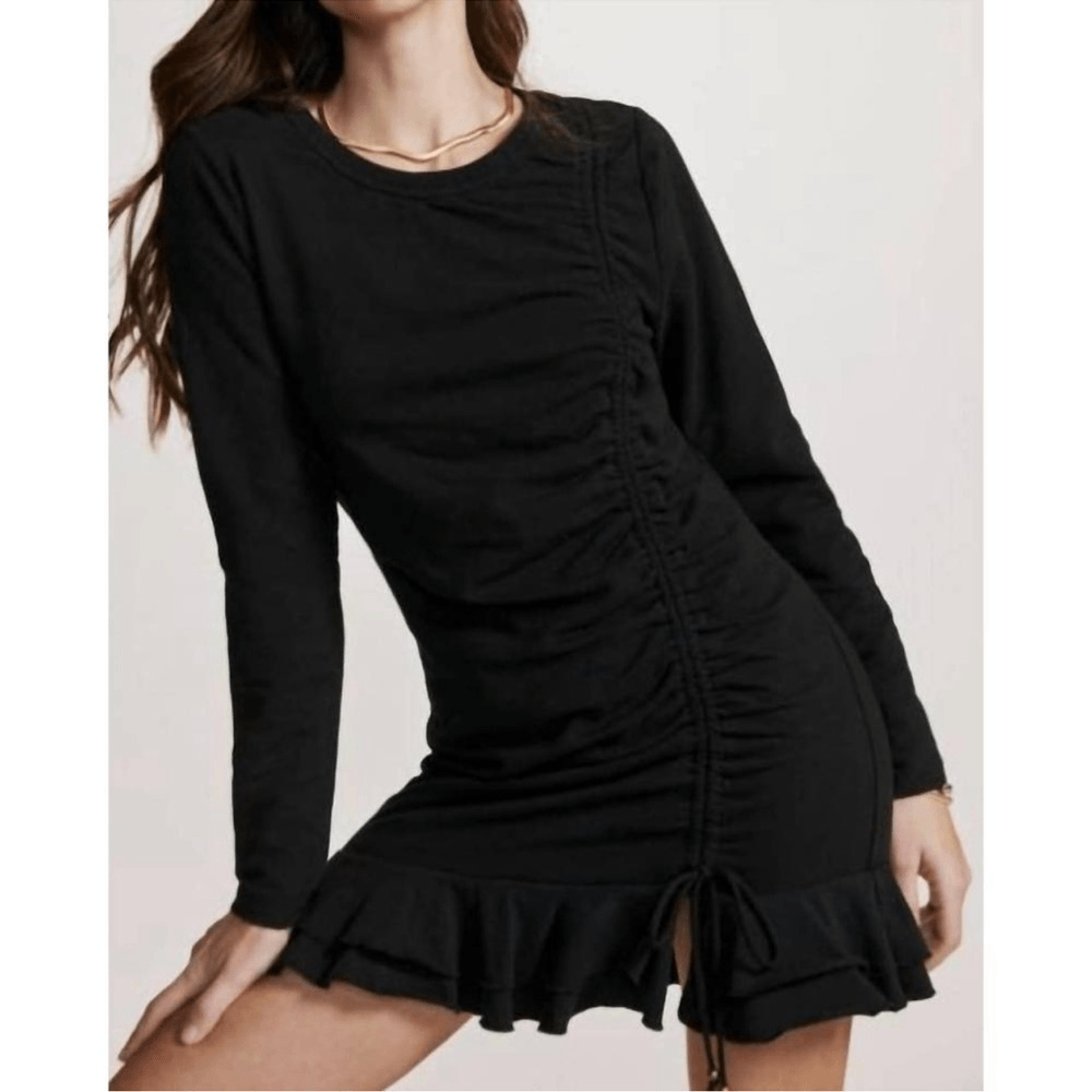 Anthropologie Sundays Ramone Black Ruched Mini Dress Size Medium, Long Sleeve