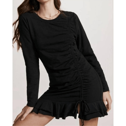 Anthropologie Sundays Ramone Black Ruched Mini Dress Size Medium, Long Sleeve