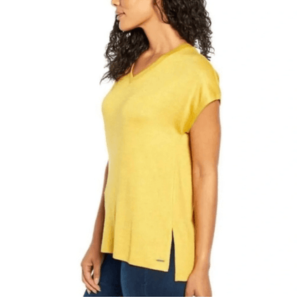 Orvis Women's Short Sleeve V-Neck Tunic Knit Top Size Medium Yellow