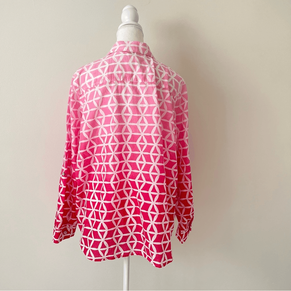 Chico’s Geometric Ombre Button Up Blouse Cotton Long Sleeve Top Size Large