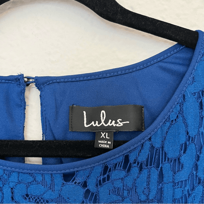 Lulus Heartbeats Blue Eyelash Trim Tiered Lace Blouse Crop Top XL
