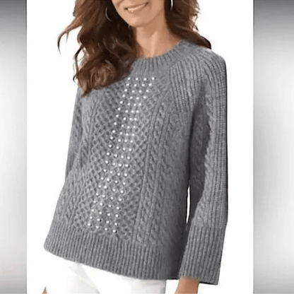 Soft Surroundings Noemi Pearl Cable Knit Sweater Crewneck Gray Size Small