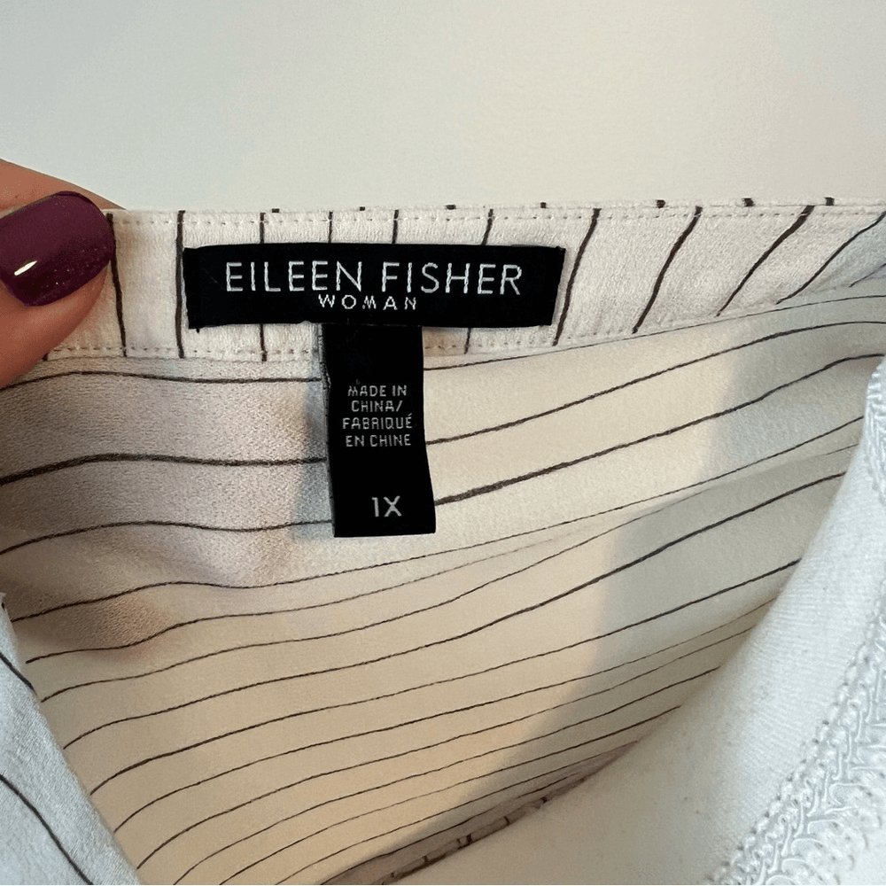 Eileen Fisher Pin Stripe Silk Georgette Crepe Print Long Tunic Shirt Blouse 1X