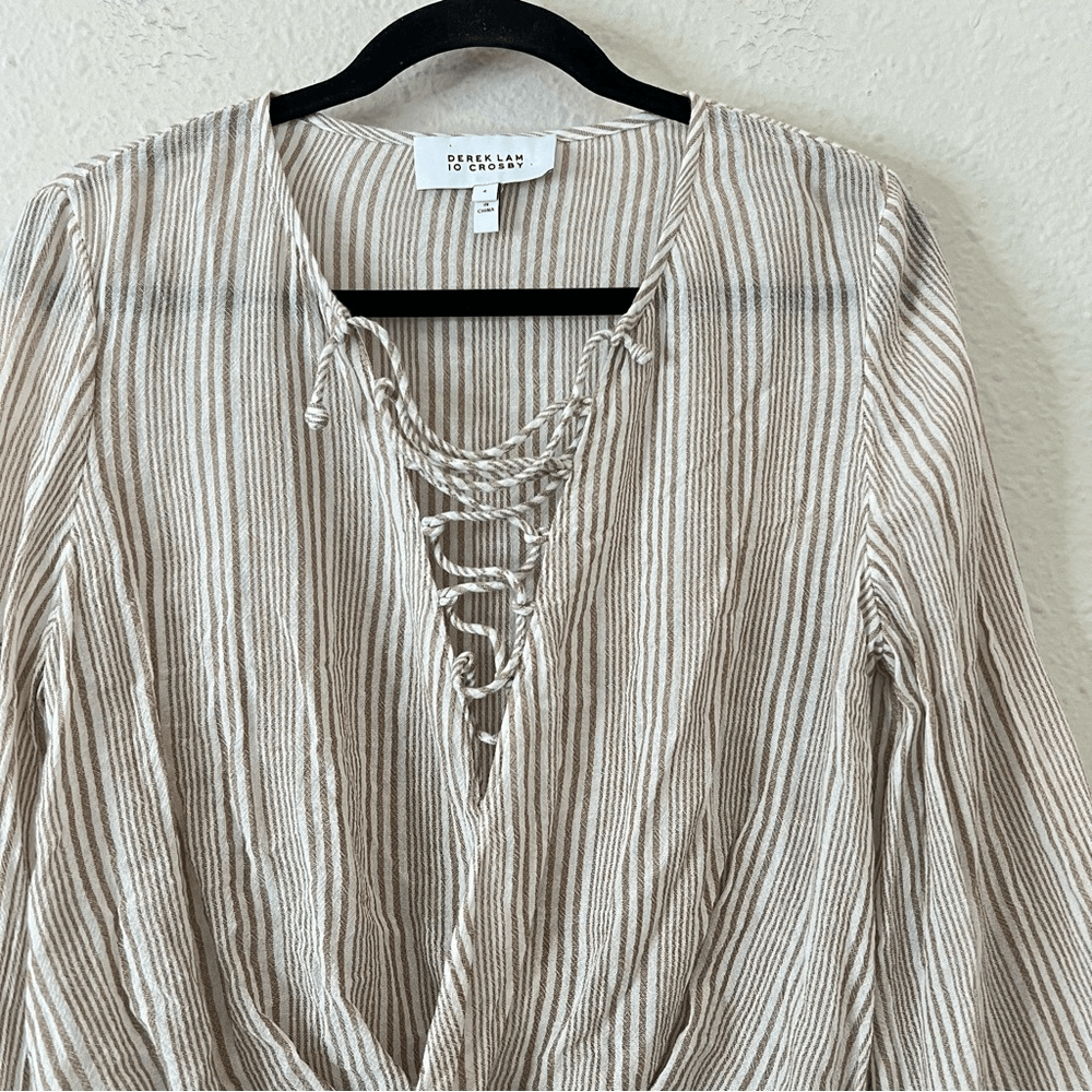 Derek Lam 10 Crosby Striped Long Sleeve Blouse Size 6 Cotton Neutral Classic