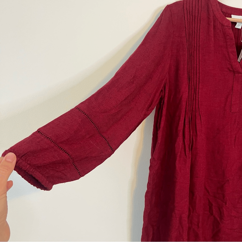 J. Jill Burgundy Brushed Twill Pintucked Mini Dress NEW Small Long Sleeve