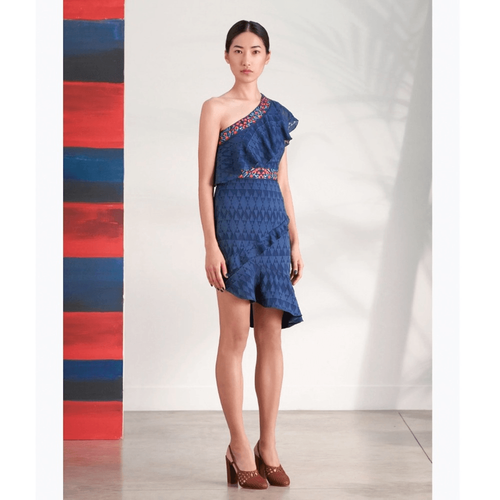 SALONI One Shoulder Ruffle Embroidered Silk Mini Dress Size 4