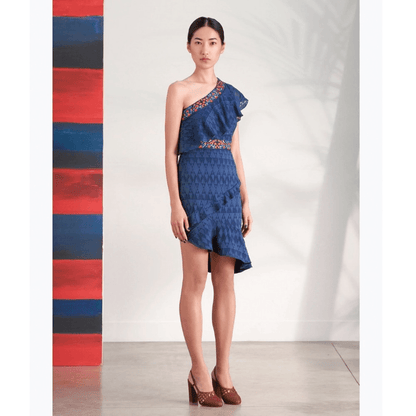 SALONI One Shoulder Ruffle Embroidered Silk Mini Dress Size 4