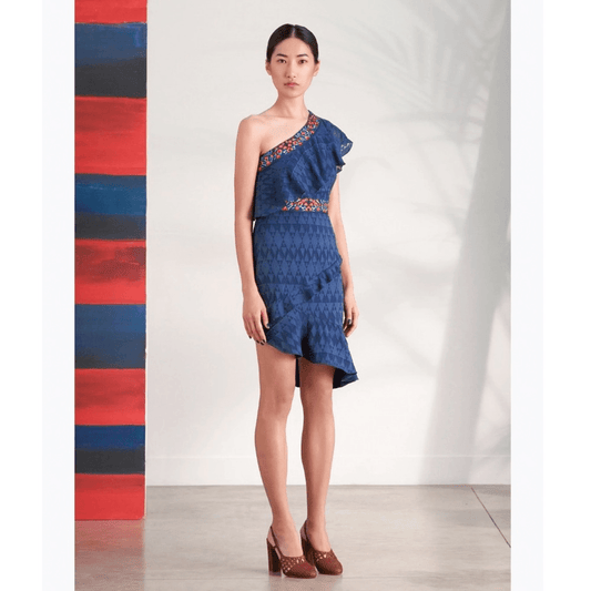 SALONI One Shoulder Ruffle Embroidered Silk Mini Dress Size 4