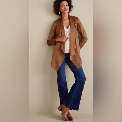 Soft Surroundings Shape Drape Faux Suede Brown Jacket Cardigan Size XS NWOT