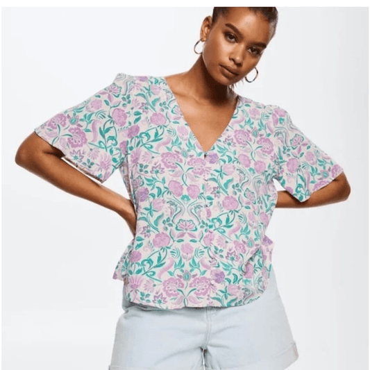 MANGO Flowy Floral Short Sleeve Blouse NEW Size 18