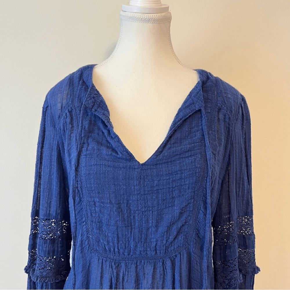 Sundance Gypsette Long Sleeve Crinkle Gauze Blouse in Blue Size Medium Tassel