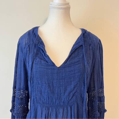 Sundance Gypsette Long Sleeve Crinkle Gauze Blouse in Blue Size Medium Tassel