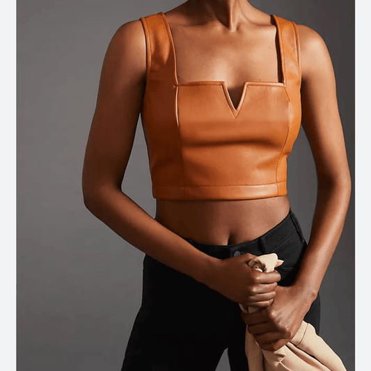 Anthropologie Maeve Faux Leather Cropped Notch Tank NEW Size 12