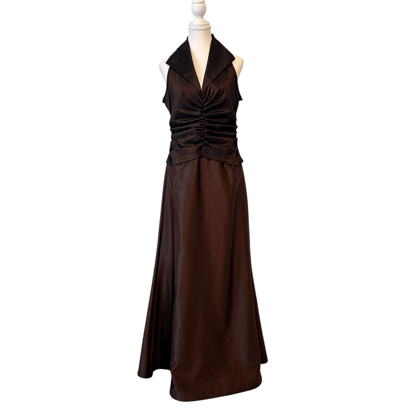 Tadashi Vintage Ruched Taffeta Gown  Chocolate Brown Maxi Size 12 Wedding Goth