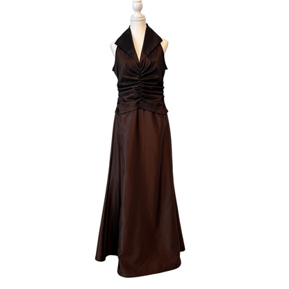 Tadashi Vintage Ruched Taffeta Gown  Chocolate Brown Maxi Size 12 Wedding Goth