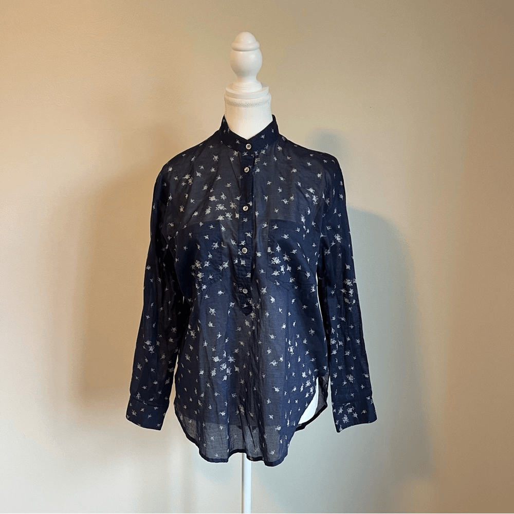 Madewell Blue Collarless Popover Shirt Rosebud Navy Blue Size Small