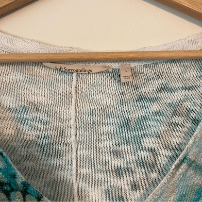 Soft Surroundings V-Neck Sweater Blue Floral Pullover Knit Size Large