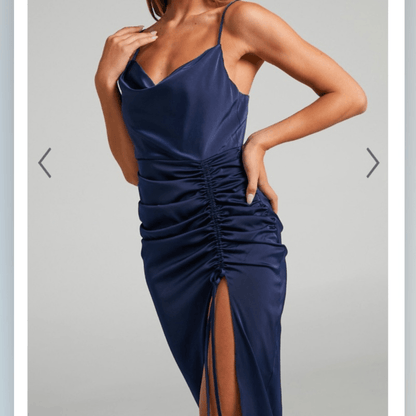 Showpo Lieselotte Midi Dress Ruched Front Split Cowl Neck Satin NEW Navy Blue 14