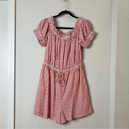 Anthropologie Gingham Off the Shoulder Seersucker Romper Size Medium
