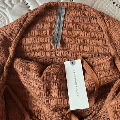 Anthropologie The Ellen Mini Dress Ruched Smocked Bodycon Sleeveless Brown L NEW