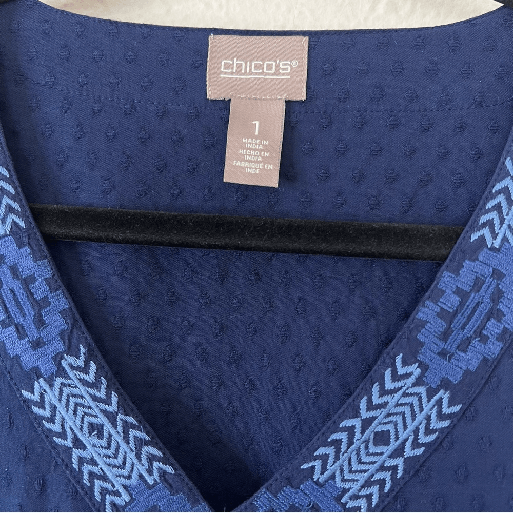 Chico's Trimmed Bell-Sleeve Popover Navy Blue Blouse Top Size 1, US Size Medium