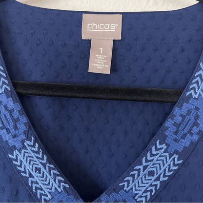Chico's Trimmed Bell-Sleeve Popover Navy Blue Blouse Top Size 1, US Size Medium